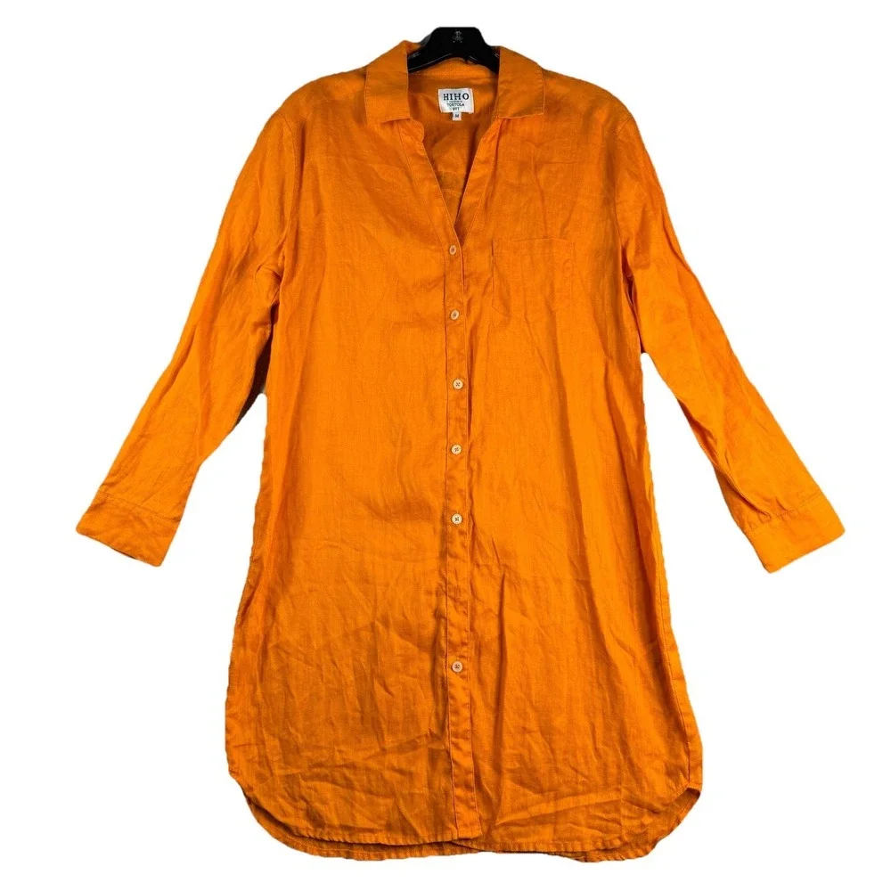 Hiho Tortola Linen Shirt Dress Womens Medium Button Up Boho Beachy Vacation READ - Picture 1 of 14
